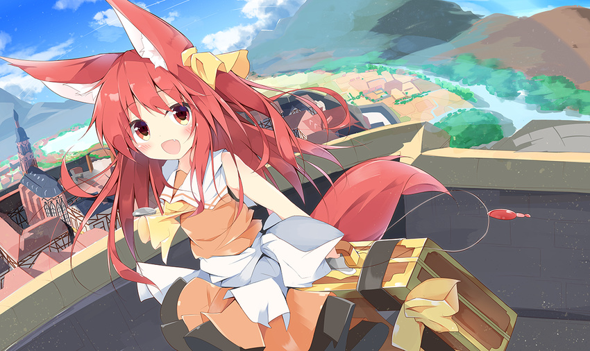 :d animal_ears ascot bangs bare_arms blue_sky blush bow brown_dress building church city cloud commentary_request day dress dutch_angle eyebrows_visible_through_hair fang field fox_ears fox_girl fox_tail hair_ribbon holding holding_briefcase house kushida_you lake landscape long_hair looking_at_viewer mountain open_mouth original outdoors red_eyes red_hair ribbon river sailor_collar sailor_dress sky sleeveless sleeveless_dress smile solo standing suitcase tail white_bow white_ribbon white_sailor_collar yellow_neckwear yellow_ribbon