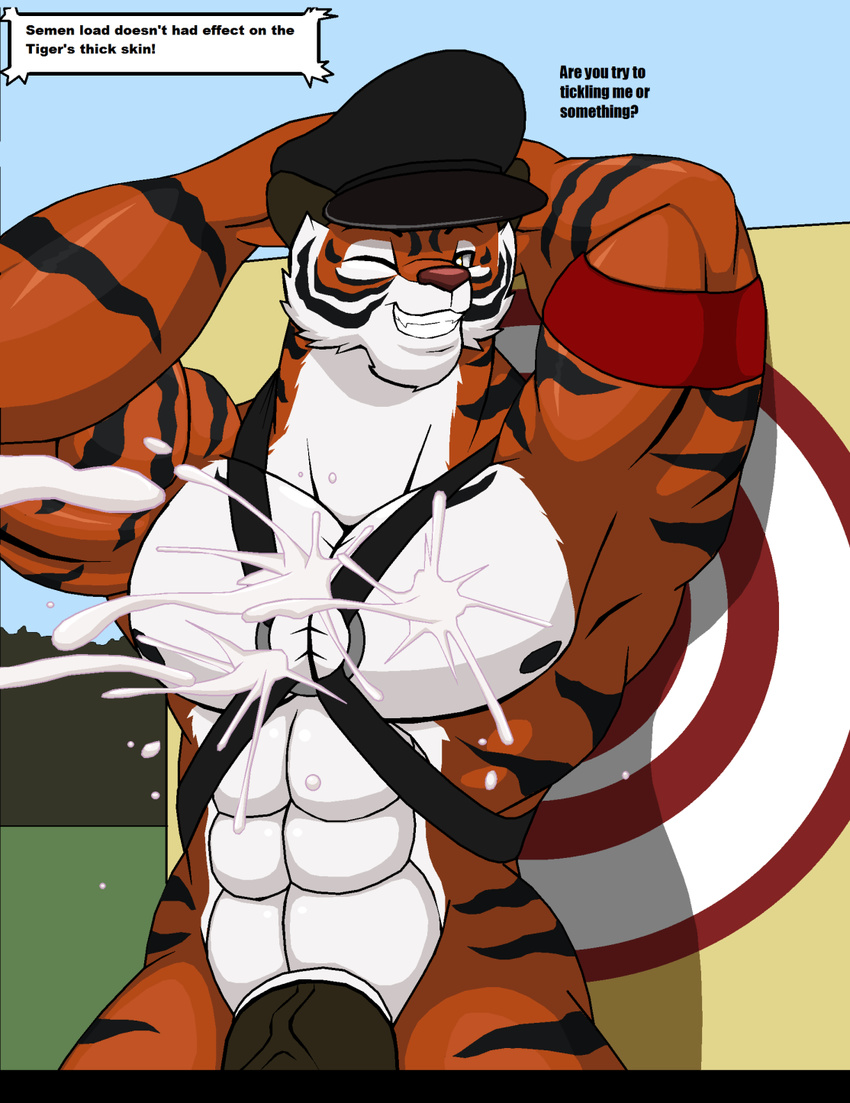 2013 abs anthro biceps big_muscles big_penis black_fur casual_nudity cum cum_on_chest dialogue droll3 english_text feline fur grin hat huge_muscles huge_penis male mammal manly multicolored_fur muscular muscular_male nude orange_fur pecs penis pose smile solo text tiger vein white_fur