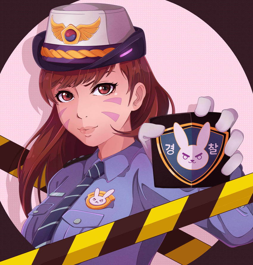 blue_neckwear blush breasts brown_eyes brown_hair closed_mouth d.va_(overwatch) eyebrows gloves highres korean kukie-nyan large_breasts looking_at_viewer medium_hair officer_d.va overwatch police police_uniform smile solo uniform upper_body white_gloves