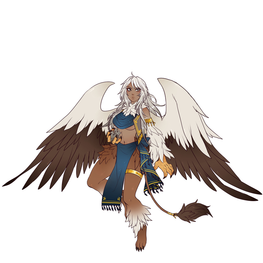 absurdres animal armband bangs bare_shoulders bird_wings blush braid breasts claws closed_mouth dark_skin feathered_wings feathers flying full_body fur fur_collar grey_eyes griffon_(monster_girl_encyclopedia) highres holding holding_animal jewelry large_breasts legband lion_tail long_hair looking_at_viewer manosdetrapo midriff monster_girl monster_girl_encyclopedia mouse multicolored multicolored_wings navel paws pelvic_curtain silver_hair simple_background solo tail underboob white_background wings