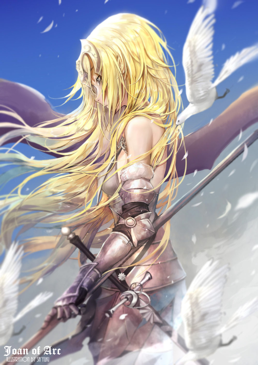 armor armored_dress artist_name bare_shoulders bird black_gloves blonde_hair blue_eyes character_name closed_mouth commentary_request dove fate/apocrypha fate_(series) faulds feathers from_side gauntlets gloves headpiece highres jeanne_d'arc_(fate) jeanne_d'arc_(fate)_(all) long_hair looking_down motion_blur profile sa'yuki seagull sheath sheathed sky solo staff sword weapon wind