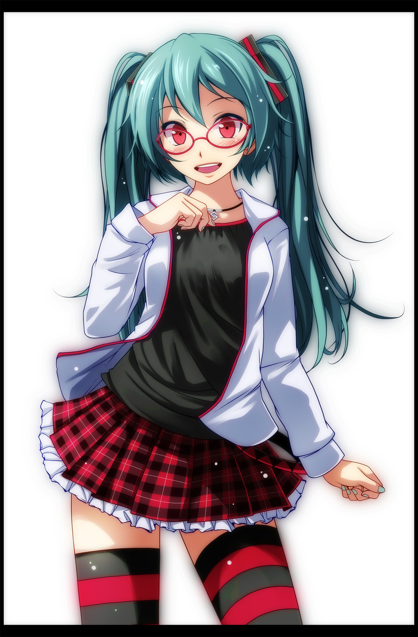 :d absurdres aqua_hair arm_at_side black_border black_shirt blush border contrapposto cowboy_shot fingernails frilled_skirt frills glasses hatsune_miku highres jacket jewelry long_hair long_sleeves natural_(module) necklace open_clothes open_jacket open_mouth pendant plaid plaid_skirt pleated_skirt project_diva_(series) red-framed_eyewear red_eyes red_skirt shirt simple_background skirt smile solo standing striped striped_legwear tareme thighhighs tsukishiro_saika twintails very_long_hair vocaloid white_background white_jacket zettai_ryouiki