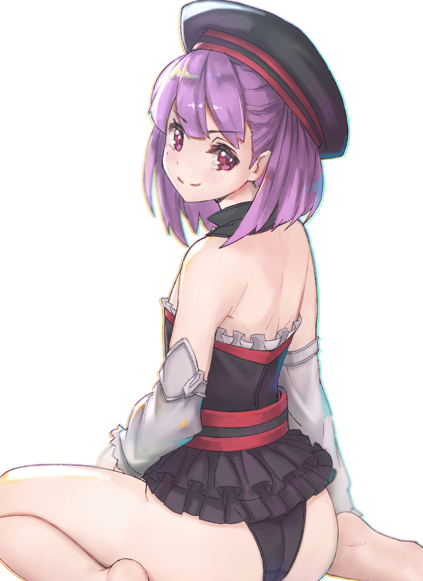asarokuji ass back bangs bare_legs bare_shoulders barefoot black_dress black_hat black_panties closed_mouth detached_sleeves dress eyebrows_visible_through_hair fate/grand_order fate_(series) feet_out_of_frame from_behind hat helena_blavatsky_(fate/grand_order) highres looking_at_viewer looking_back panties purple_eyes purple_hair short_dress short_hair simple_background sitting smile solo underwear wariza white_background white_sleeves
