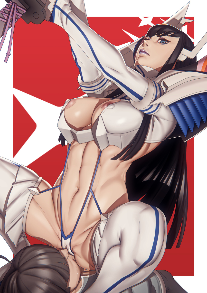 1girl absurdres areolae bad_id bad_pixiv_id black_hair boots breasts cameltoe covered_nipples cunnilingus extra femdom hetero highres john_doe junketsu katana kill_la_kill kiryuuin_satsuki large_breasts lips lipstick long_hair looking_at_viewer looking_down makeup navel oral purple_lips purple_lipstick revealing_clothes serious sitting sitting_on_face sitting_on_person slingshot_swimsuit solo_focus stomach suspenders swimsuit sword thigh_boots thighhighs weapon white_footwear