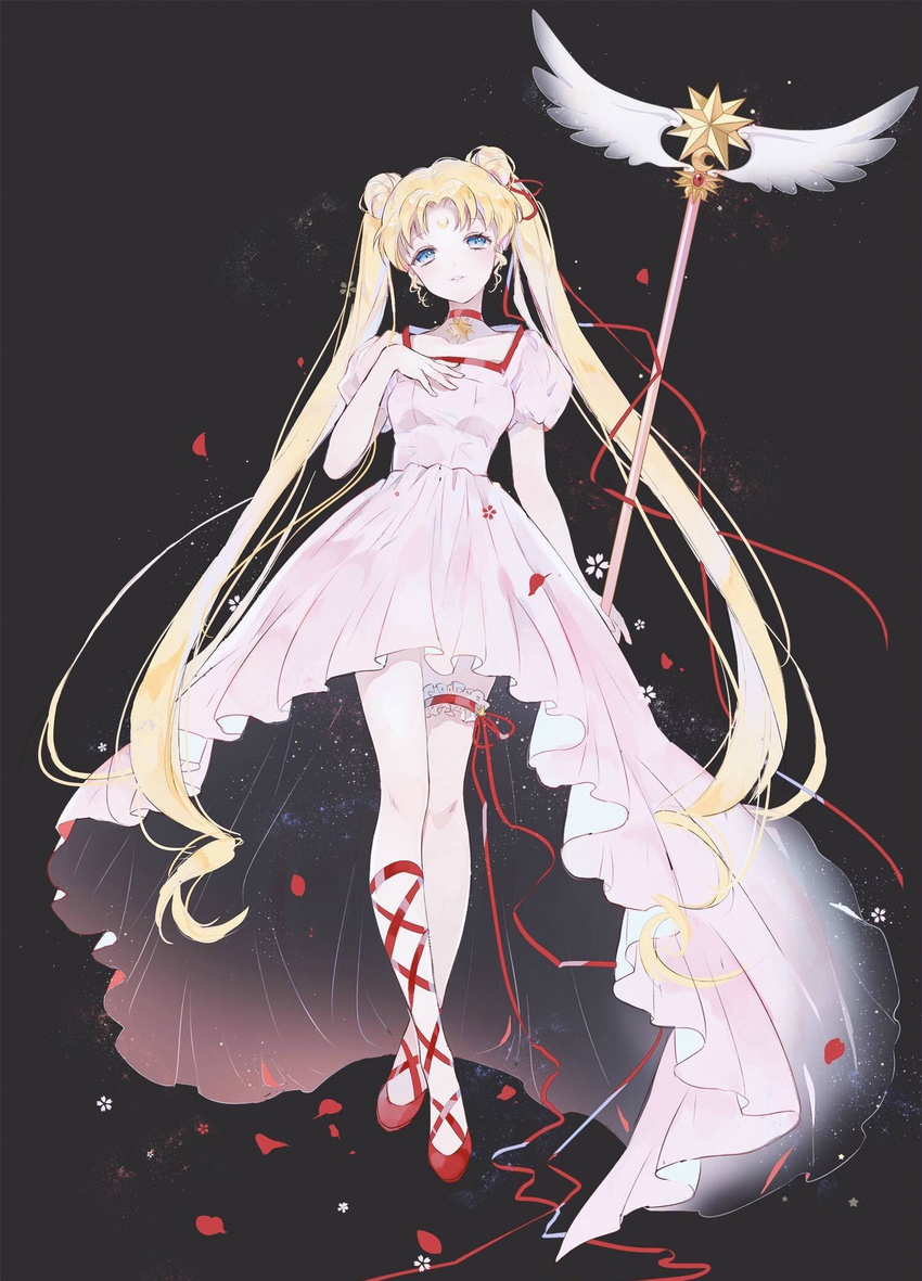 alicesakura asymmetrical_legwear bare_legs bishoujo_senshi_sailor_moon black_background blonde_hair blue_eyes cardcaptor_sakura choker cosplay cross-laced_footwear crossed_legs double_bun dress full_body hair_ribbon highres kinomoto_sakura kinomoto_sakura_(cosplay) long_hair parted_lips petals pink_dress puffy_short_sleeves puffy_sleeves red_footwear red_ribbon ribbon short_sleeves solo staff star thigh_strap tsukino_usagi twintails very_long_hair white_wings wings