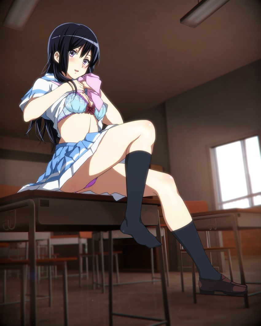 :d black_hair blue_bra blue_skirt blush bow bow_bra bra breasts brown_footwear chair classroom cleavage commentary_request desk frilled_bra frills full_body hibike!_euphonium highres indoors knee_up kousaka_reina lifted_by_self loafers long_hair looking_at_viewer medium_breasts neckerchief no_shoes on_desk open_mouth panties pantyshot pantyshot_(sitting) pink_neckwear pink_panties pleated_skirt purple_eyes red_bow sbel02 school_chair school_desk shirt shirt_lift shoes short_sleeves single_shoe sitting skirt smile solo table thighs underwear upskirt white_shirt window