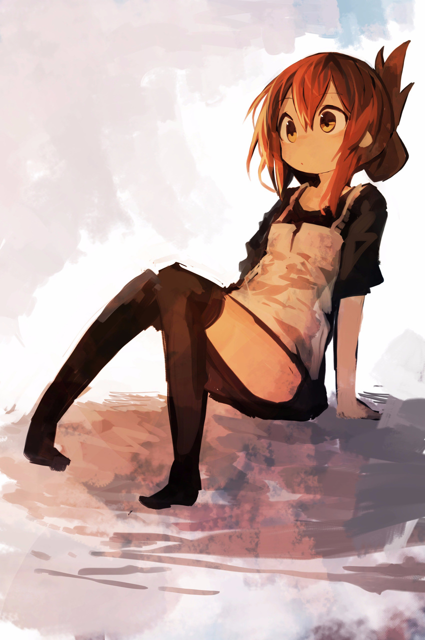 absurdres arm_support black_shirt brown_eyes brown_hair folded_ponytail highres inazuma_(kantai_collection) kaamin_(mariarose753) kantai_collection no_shoes over-kneehighs shirt short_sleeves sidelocks sitting solo thighhighs white_background