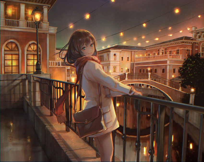 bag balcony blue_eyes bridge brown_hair chromatic_aberration city city_lights closed_mouth enpera feet_out_of_frame from_side green_eyes jacket lamppost light long_hair long_sleeves looking_at_viewer looking_to_the_side night original outdoors power_lines red_scarf reflection scarf sho_(shoichi-kokubun) shoulder_bag smile solo standing tree white_jacket window