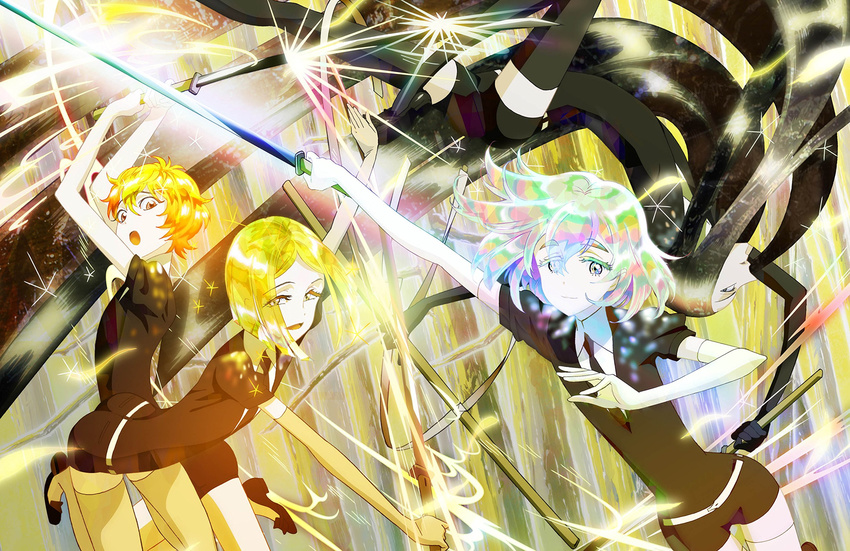 androgynous black_gloves black_hair black_legwear black_neckwear black_shorts blonde_hair bort crystal_hair diamond_(houseki_no_kuni) elbow_gloves gem_uniform_(houseki_no_kuni) gloves highres houseki_no_kuni loafers long_hair multicolored_hair multiple_others necktie official_art shirt shoes short_hair shorts sword thighhighs uniform very_long_hair weapon white_shirt yellow_diamond_(houseki_no_kuni) zircon_(houseki_no_kuni)