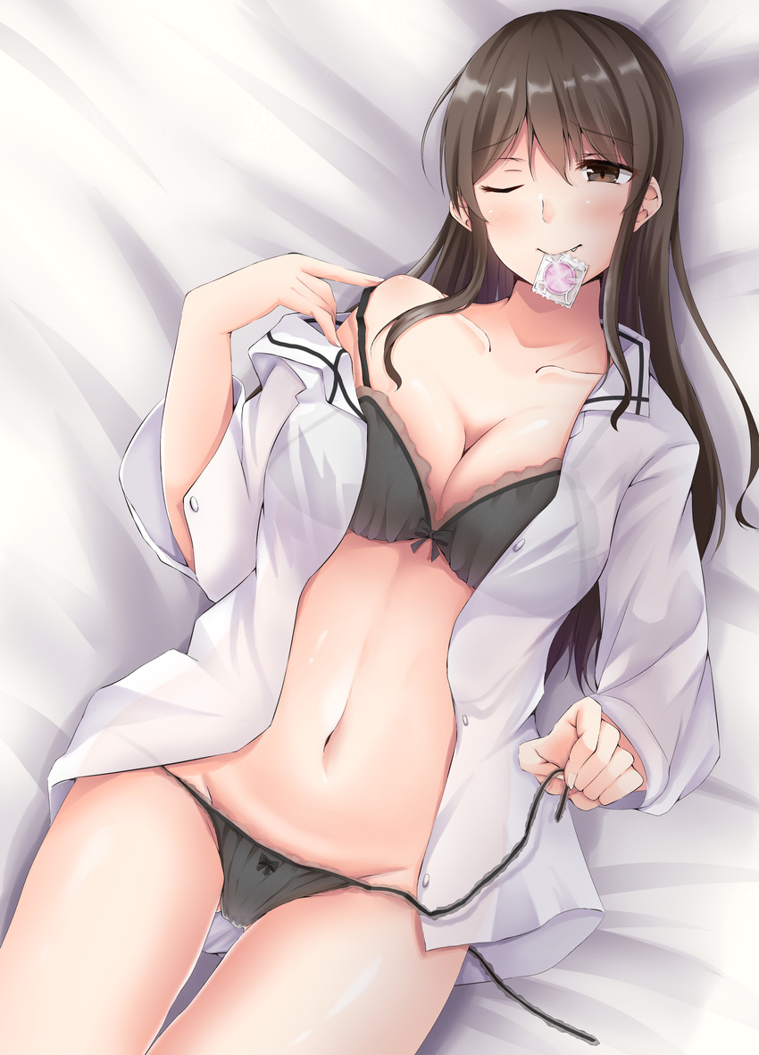 absurdres ashigara_(kantai_collection) ass_visible_through_thighs bangs bed bed_sheet black_bra black_panties blush bra breasts brown_eyes brown_hair cleavage collarbone commentary_request condom condom_in_mouth dress_shirt eyebrows_visible_through_hair eyes_visible_through_hair fang_out hair_between_eyes half-closed_eye highres kantai_collection large_breasts lingerie long_hair long_sleeves looking_at_viewer lying mouth_hold navel one_eye_closed open_clothes open_shirt panties shirt side-tie_panties solo stomach string_panties thighs underwear undressing untied untied_panties very_long_hair white_shirt yoshiwoka
