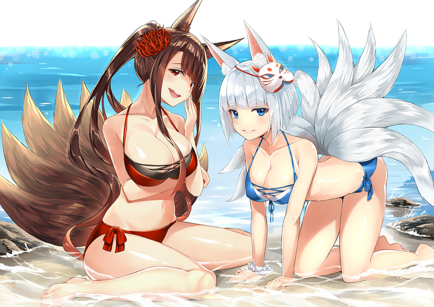 :d akagi_(azur_lane) all_fours animal_ears azur_lane beach bikini black_hair blue_bikini blue_eyes breast_hold breasts cleavage collarbone commentary_request eyeliner flower fox_ears fox_mask fox_tail hair_flower hair_ornament highres horizon kaga_(azur_lane) kitsune large_breasts makeup mask mask_on_head multiple_girls multiple_tails navel ocean open_mouth parted_lips ponytail red_bikini red_eyes shallow_water shitou_(1992116210) side-tie_bikini silver_eyes sitting smile spider_lily swimsuit tail wariza
