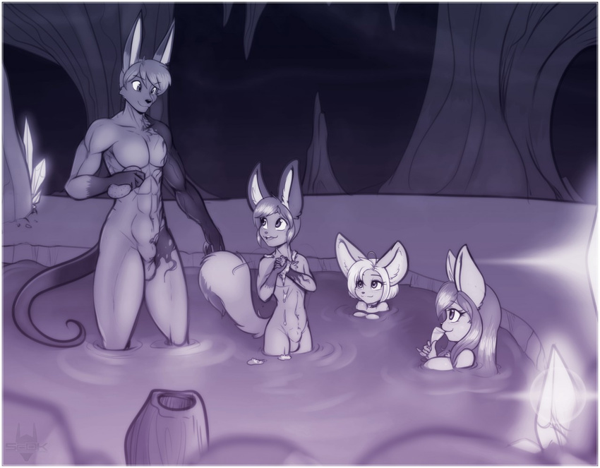 2016 age_difference amelia_(scorpdk) anthro balls bathing big_ears breasts canine cave daughter eyebrows eyelashes family father father_and_son female fennec flaccid fox fur hair hi_res jackal jake_(scorpdk) jia_(scorpdk) looking_pleasured male mammal monochrome mother mother_and_daughter nude open_mouth parent penis scorpdk skinny_dipping son telethia_(scorpdk) wine_glass young