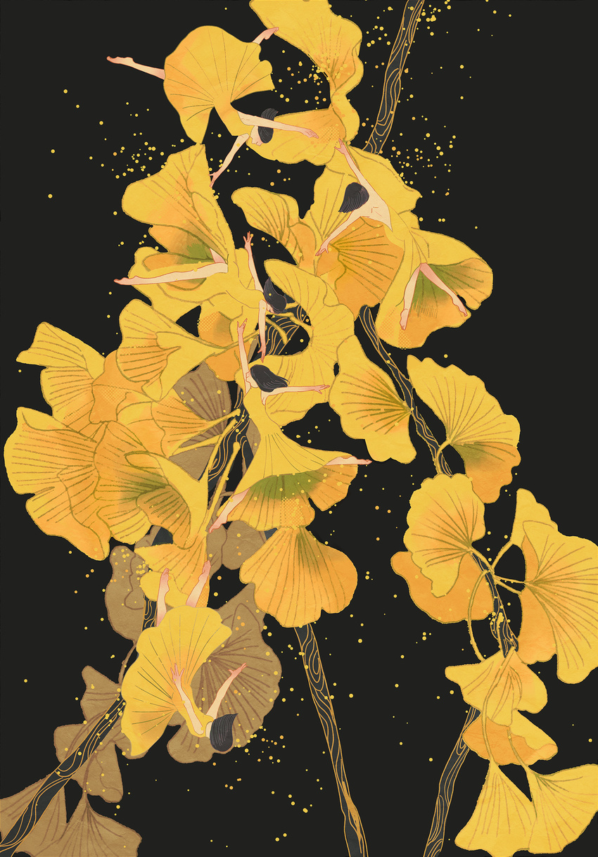 abstract absurdres bad_id bad_pixiv_id bare_arms bare_legs bare_shoulders barefoot black_background black_hair branch dancing dress ginkgo highres leaf long_hair long_legs multiple_girls naga-no original pollen surreal yellow_dress