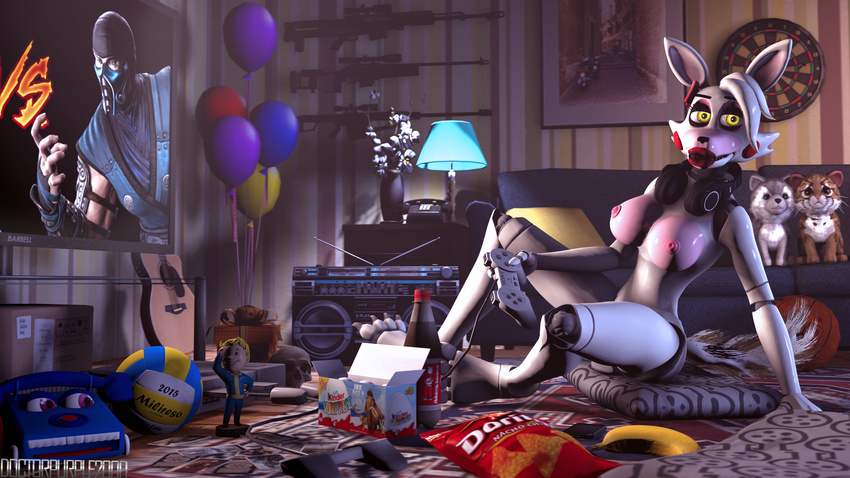 3d_(artwork) animatronic anthro assault_rifle ball beverage bobblehead boombox breasts canine controller dartboard detailed_background digital_media_(artwork) doctorpurple2000 dualshock_1 female five_nights_at_freddy's five_nights_at_freddy's_2 food game_controller gun hair headphones hi_res holding_controller holding_object inside looking_at_viewer machine mammal mangle_(fnaf) nipples nude open_mouth playstation_1 plushie ranged_weapon rifle robot rug sitting smile sniper_rifle sofa solo television toy video_games weapon