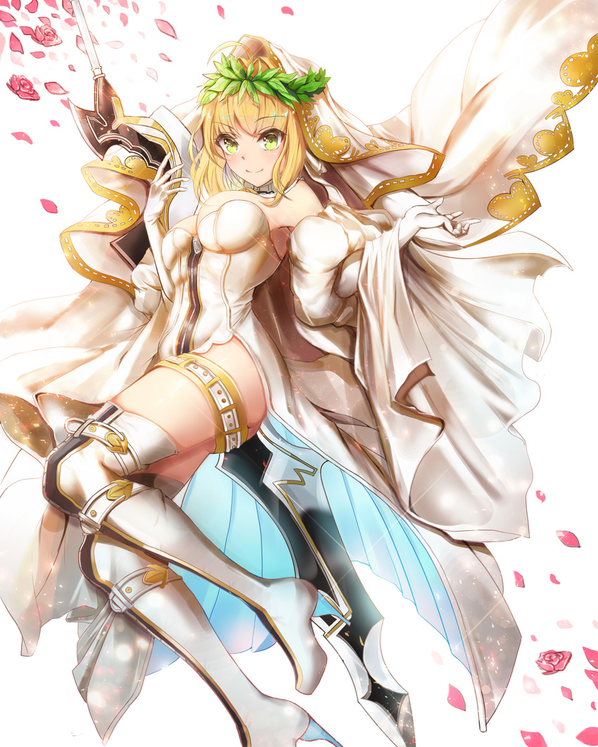 absurdres aestus_estus ahoge bare_shoulders belt blonde_hair blush boots breasts bridal_veil cleavage closed_mouth commentary_request detached_sleeves elbow_gloves eyebrows_visible_through_hair fate/extra fate/extra_ccc fate_(series) flower full_body gloves green_eyes hair_intakes head_wreath high_heel_boots high_heels highres leotard light_particles looking_at_viewer medium_breasts nero_claudius_(bride)_(fate) nero_claudius_(fate)_(all) para3318 petals rose short_hair smile sparkle strapless strapless_leotard sword thigh_boots thighhighs thighs veil weapon white_background white_footwear white_gloves white_leotard white_sleeves zipper