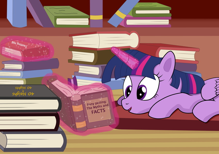 2017 book carpet english_text equine eyelashes feathered_wings feathers female friendship_is_magic hair hi_res horn inside lying magic mammal multicolored_hair my_little_pony open_mouth purple_eyes raribelle reading smile solo solo_focus text twilight_sparkle_(mlp) winged_unicorn wings