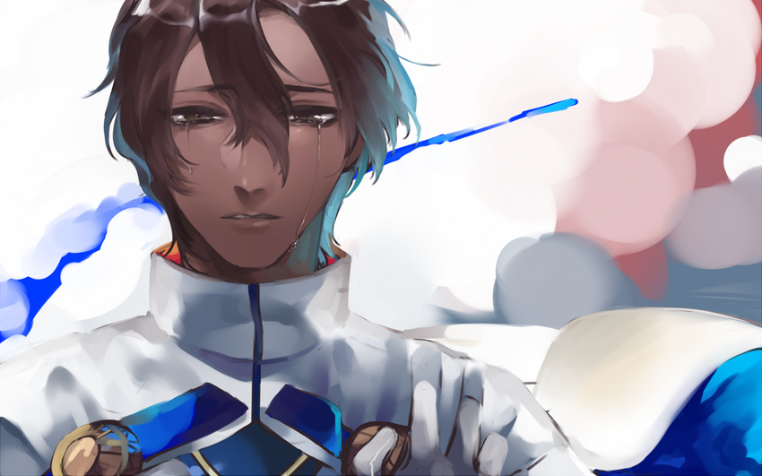 arjuna_(fate/grand_order) bad_id bad_pixiv_id brown_eyes brown_hair close-up crying crying_with_eyes_open dark_skin dark_skinned_male eyebrows_visible_through_hair fate/grand_order fate_(series) hair_between_eyes highres ichinosenen jacket looking_at_viewer male_focus parted_lips solo tears