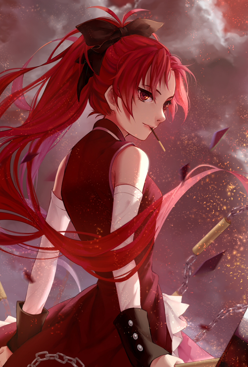 antenna_hair arms_at_sides ashes bangs bare_shoulders black_bow bow chain closed_mouth cloud cloudy_sky detached_sleeves dress food from_behind hair_bow headband highres holding holding_weapon long_sleeves looking_at_viewer looking_back luciana1 mahou_shoujo_madoka_magica mahou_shoujo_madoka_magica_movie mouth_hold outdoors parted_bangs pocky red_dress red_eyes red_hair sakura_kyouko sky sleeveless sleeveless_dress smile solo upper_body weapon