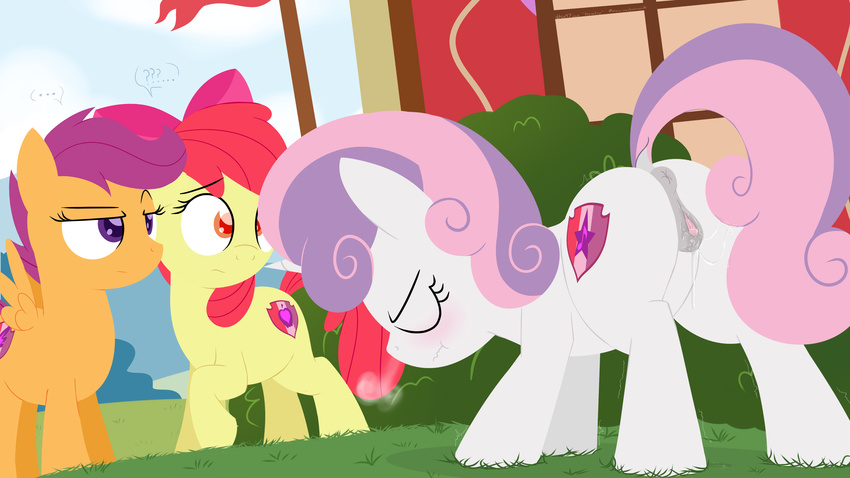 2017 absurd_res anatomically_correct anatomically_correct_pussy animal_genitalia animal_pussy anus apple_bloom_(mlp) blush butt cutie_mark cutie_mark_crusaders_(mlp) dtcx97 earth_pony equine equine_pussy eyes_closed female feral friendship_is_magic group hair hi_res hooves horn horse mammal my_little_pony outside pegasus pony pussy pussy_juice scootaloo_(mlp) sweetie_belle_(mlp) unicorn wings young