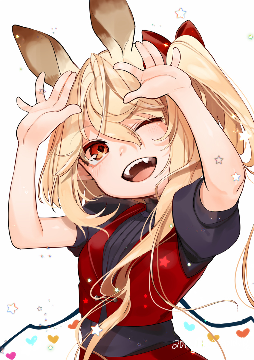 ;d alternate_costume animal_ears bad_id bad_twitter_id bare_arms blonde_hair bow fangs flandre_scarlet gotoh510 hair_between_eyes hair_bow hands_up heart highres kemonomimi_mode long_hair looking_at_viewer one_eye_closed open_mouth puffy_short_sleeves puffy_sleeves red_bow red_eyes short_sleeves side_ponytail simple_background smile solo star touhou upper_body vest white_background wings