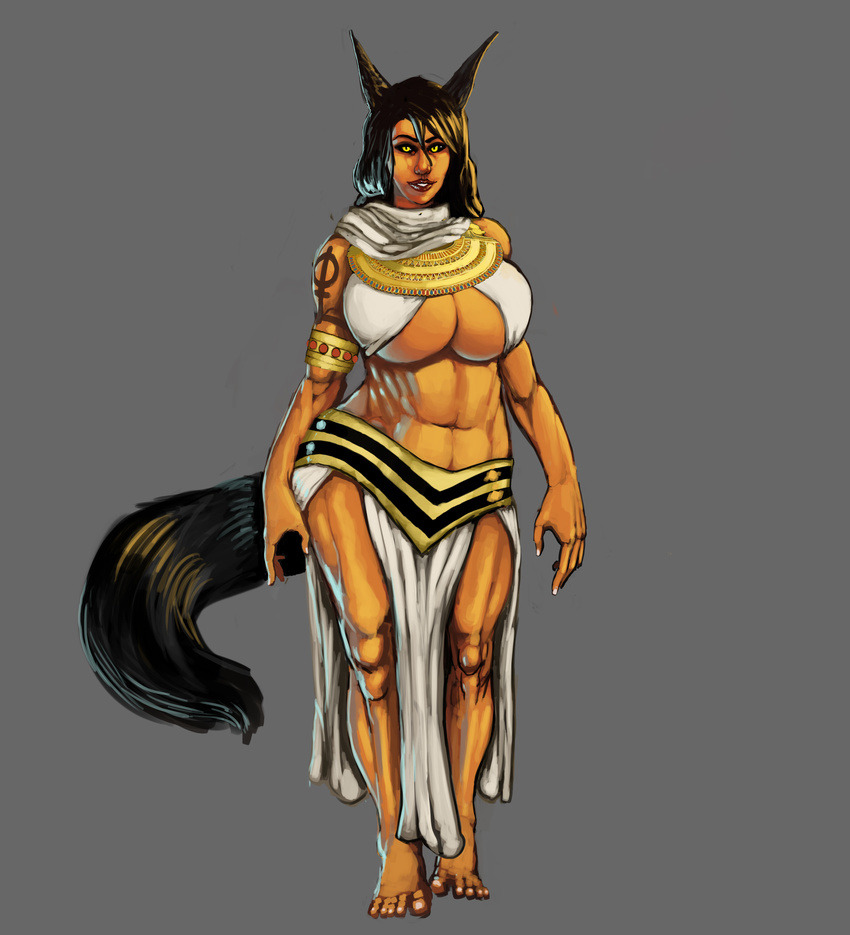 animal_humanoid big_breasts breasts canine clothed clothing egyptian female hair huge_breasts humanoid jackal mammal muscular not_furry skygga smile solo thick_thighs