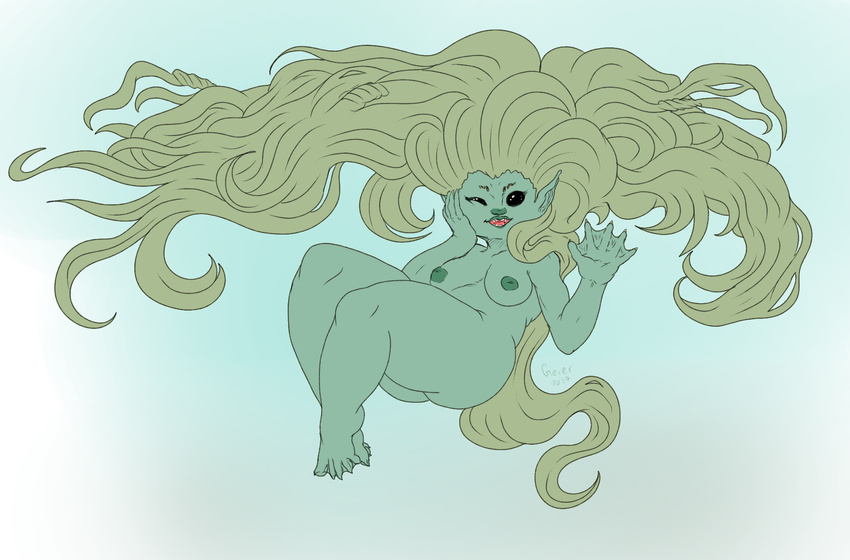 2017 areola barefoot black_eyes breasts butt claws digital_drawing_(artwork) digital_media_(artwork) female geier green_skin hair humanoid looking_at_viewer marine not_furry nude open_mouth smile solo thick_thighs toes webbed_feet webbed_hands