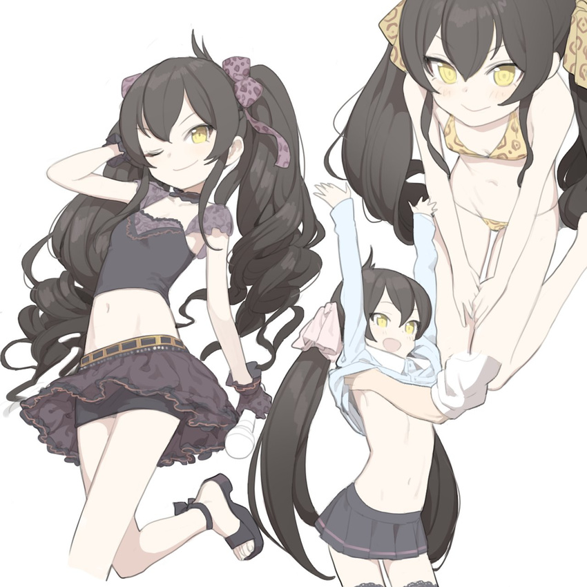:d ;) arched_back arm_up arms_up assisted_exposure bare_arms bare_legs bare_shoulders black_choker black_gloves black_hair black_legwear black_skirt blue_shirt blush bow bra choker closed_mouth collarbone cropped_legs disembodied_limb doremi flat_chest gloves groin hair_bow hair_ribbon hands highres holding holding_microphone idolmaster idolmaster_cinderella_girls leg_up lifted_by_another long_hair matoba_risa microphone miniskirt multiple_views navel one_eye_closed open_mouth own_hands_together panties pink_ribbon pleated_skirt purple_bow ribbon sandals shirt shirt_lift shorts shorts_under_skirt sidelocks simple_background sitting skirt sleeveless smile standing stomach thighhighs tsurime twintails underwear underwear_only v_arms very_long_hair walking wariza white_background yellow_bra yellow_eyes yellow_panties zettai_ryouiki