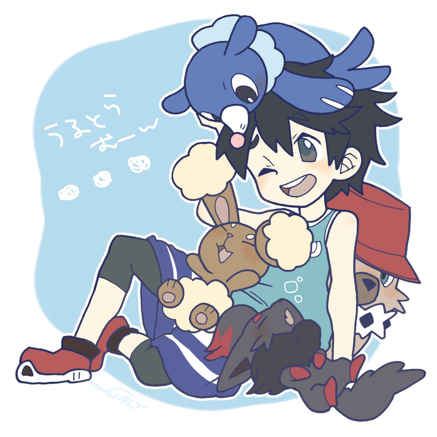 black_hair blue_background bucket_hat buneary gen_4_pokemon gen_7_pokemon grey_eyes hat highres male_focus one_eye_closed open_mouth pokemon pokemon_(creature) pokemon_(game) pokemon_usum popplio rockruff shiro_(tiotolv) shoes shorts signature simple_background sitting smile sneakers tank_top you_(pokemon)