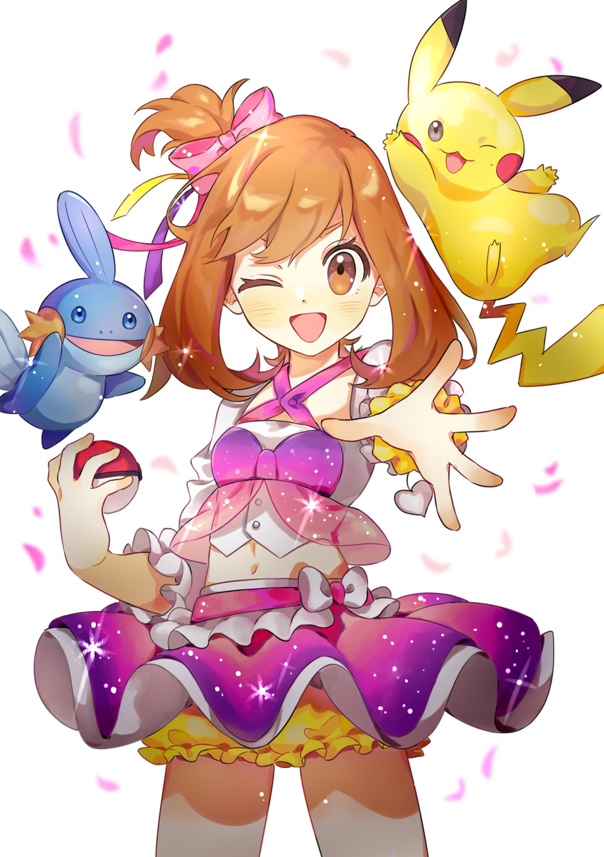 absurdres alternate_costume animal-ears arm_up blue_eyes blush bow breasts brown_eyes brown_hair crop_top frilled_sleeves frills grey_eyes hair_bow hair_ornament hair_ribbon hand_up haruka_(pokemon) haruka_(pokemon)_(remake) holding_poke_ball idol jumping legs_apart looking_at_viewer midriff mudkip navel o0baijin0o one_eye_closed open_mouth outstretched_arm petals pikachu pink_bow pink_ribbon pink_skirt poke_ball pokemon pokemon_(creature) pokemon_oras pokemon_rgby pokemon_rse purple_ribbon ribbon shirt short_shorts shorts shorts_under_skirt showgirl_skirt simple_background skirt small_breasts smile sparkle standing tail tied_hair white_background white_bow white_shirt wink yellow_ribbon yellow_shorts