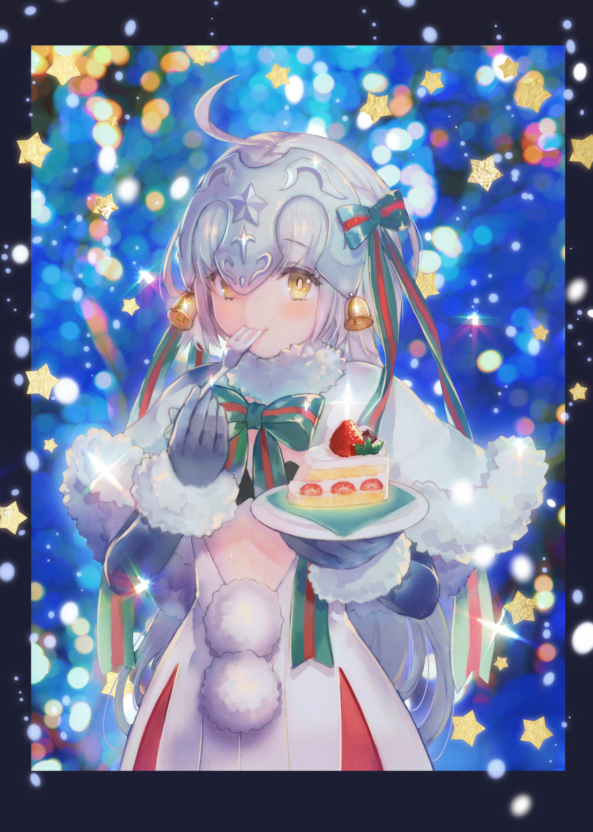 absurdres ahoge bad_id bad_pixiv_id bell black_bra black_gloves blurry blush bokeh border bow bowtie bra bright_pupils cake capelet depth_of_field dress eating elbow_gloves eyebrows_visible_through_hair fate/grand_order fate_(series) food fork fruit fur-trimmed_gloves fur_trim glint gloves green_bow green_neckwear hair_bow headpiece highres jeanne_d'arc_(fate)_(all) jeanne_d'arc_alter_santa_lily long_hair looking_at_viewer plate pom_pom_(clothes) shiny shiny_hair shutsuri silver_hair slice_of_cake solo star strawberry striped striped_neckwear tareme twitter_username underwear upper_body very_long_hair white_dress yellow_eyes