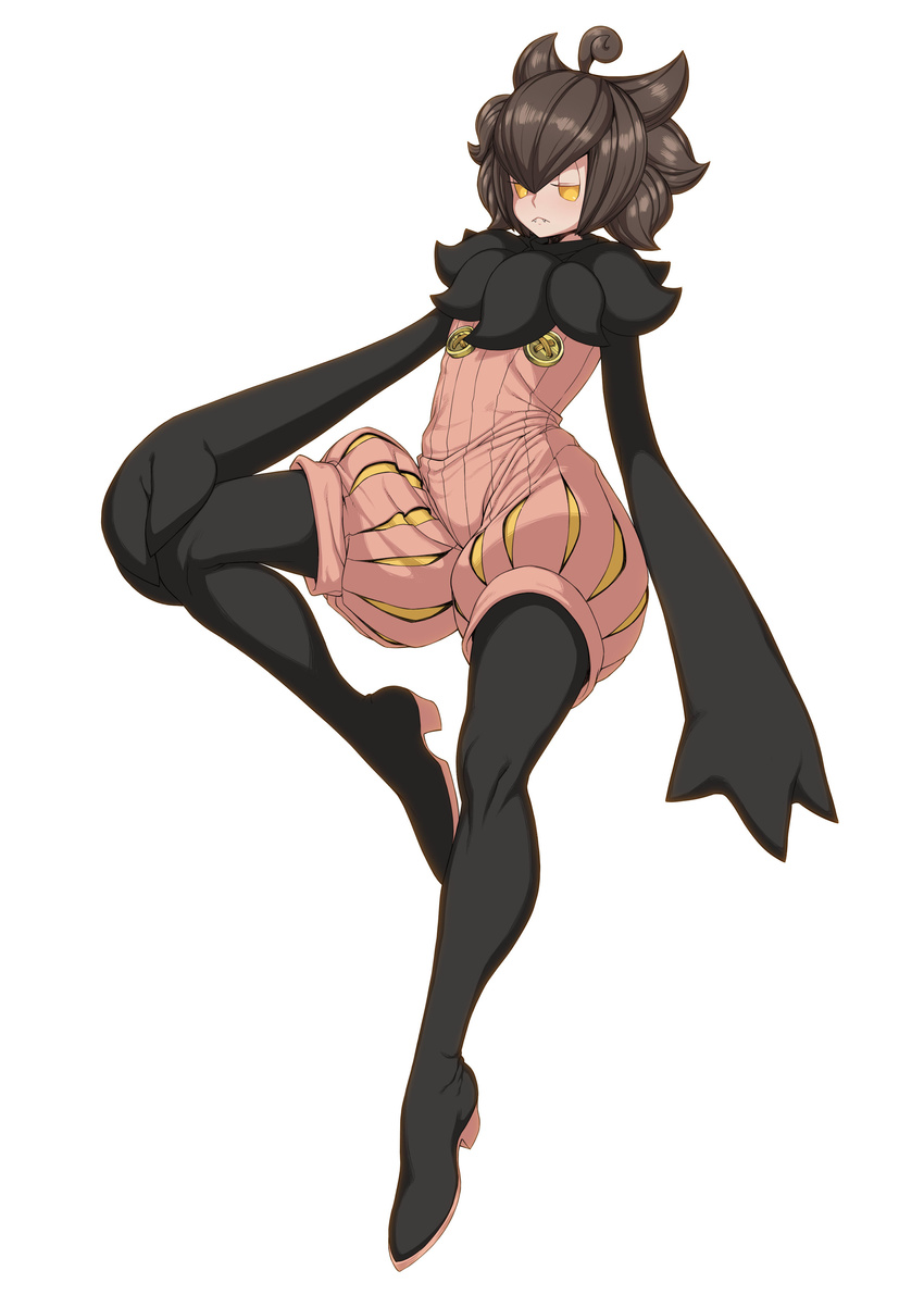 ahoge androgynous brown_hair fangs frown fur_trim highres personification pokemon pumpkaboo short_hair shorts simple_background solo space_jin white_background yellow_eyes