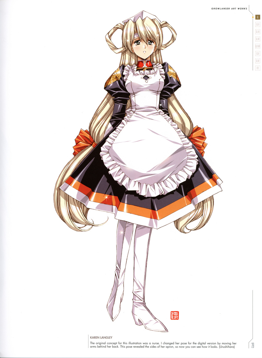 absurdres apron black_dress blush boots bow breasts dress frilled_apron frills full_body green_eyes growlanser growlanser_i hair_bow hair_rings headband highres juliet_sleeves karen_langley long_hair long_sleeves low-tied_long_hair medium_breasts official_art orange_bow parted_lips puffy_sleeves scan shiny shiny_clothes smile solo standing twintails urushihara_satoshi very_long_hair white_background white_footwear white_hair
