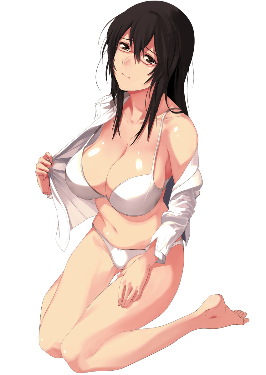 3: bangs bare_legs black_hair bra breasts brown_eyes cleavage closed_mouth collared_shirt commentary_request full_body glasses hair_between_eyes highres large_breasts long_hair looking_at_viewer mole mole_under_eye navel open_clothes open_shirt original panties saruanu semi-rimless_eyewear shirt sidelocks simple_background sitting solo thighs under-rim_eyewear underwear wariza white_background white_bra white_panties white_shirt