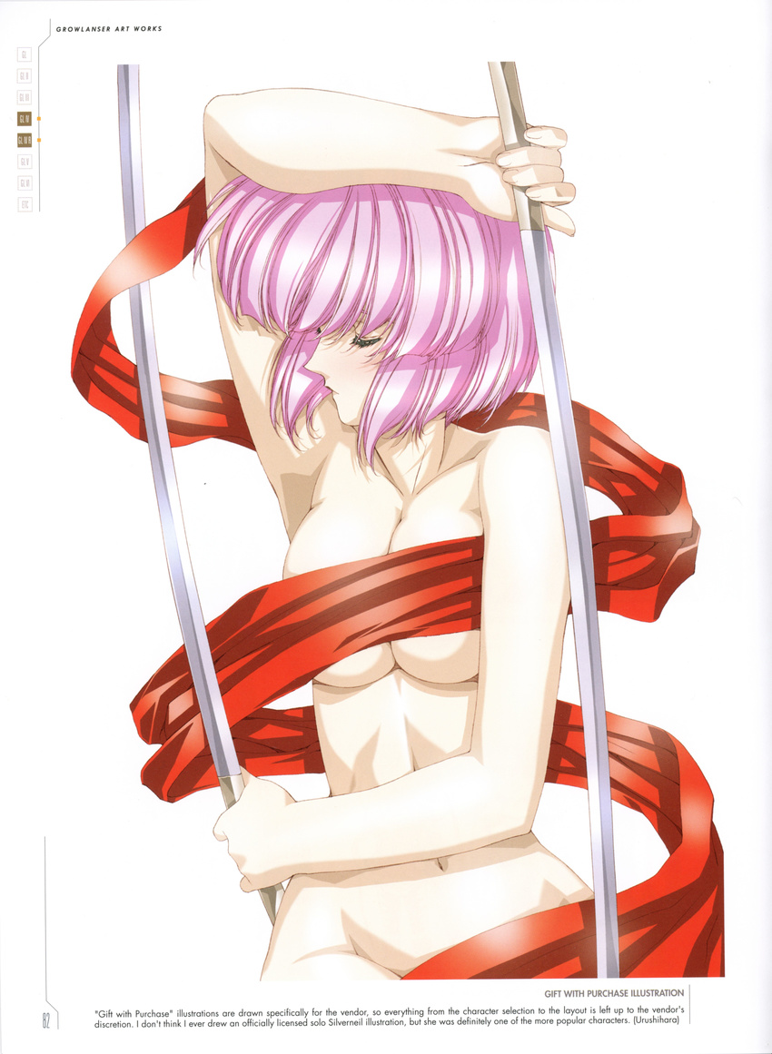 absurdres armpits bangs bare_shoulders breasts closed_eyes diana_silverneil dual_wielding growlanser growlanser_iv highres holding holding_sword holding_weapon medium_breasts naked_sheet navel official_art pink_hair scan short_hair solo sword upper_body urushihara_satoshi weapon