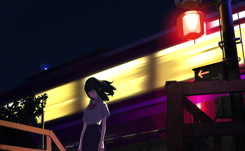 amino_(tn7135) bangs bow brown_hair closed_eyes collared_shirt commentary ground_vehicle long_skirt looking_down night original outdoors railroad_crossing red_neckwear sad shirt skirt solo standing train white_shirt wind
