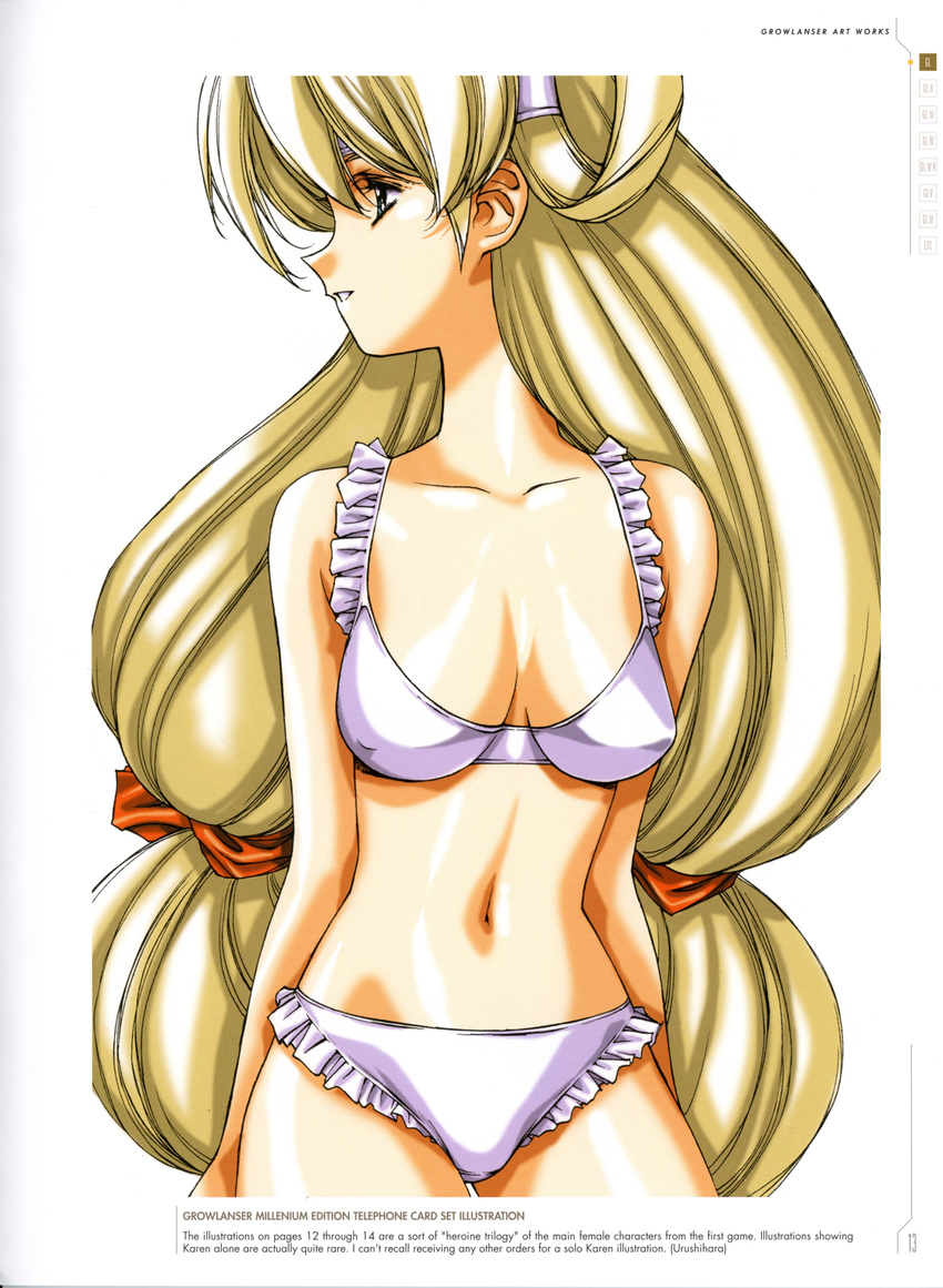 absurdres bare_shoulders blonde_hair bra breasts collarbone growlanser growlanser_i hair_ribbon hair_rings highres karen_langley light_smile long_hair looking_away low-tied_long_hair medium_breasts navel official_art panties parted_lips profile red_ribbon ribbon scan smile solo twintails underwear underwear_only urushihara_satoshi very_long_hair white_background white_bra white_panties