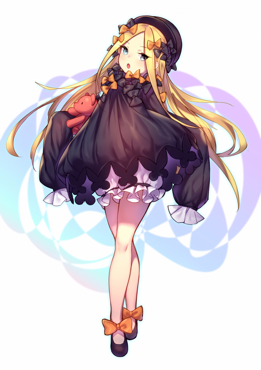 :o abigail_williams_(fate/grand_order) absurdres black_bow black_dress blonde_hair blue_eyes bow commentary_request dress dress_bow dress_shoes eyebrows_visible_through_hair fate/grand_order fate_(series) frilled_dress frilled_legwear frilled_sleeves frills full_body gothic_lolita hair_bow hat highres holding holding_toy lolita_fashion long_hair long_sleeves looking_at_viewer open_mouth orange_bow shennai_misha shoe_bow shoes sleeves_past_fingers sleeves_past_wrists solo stuffed_animal stuffed_toy teddy_bear too_many_bows very_long_hair