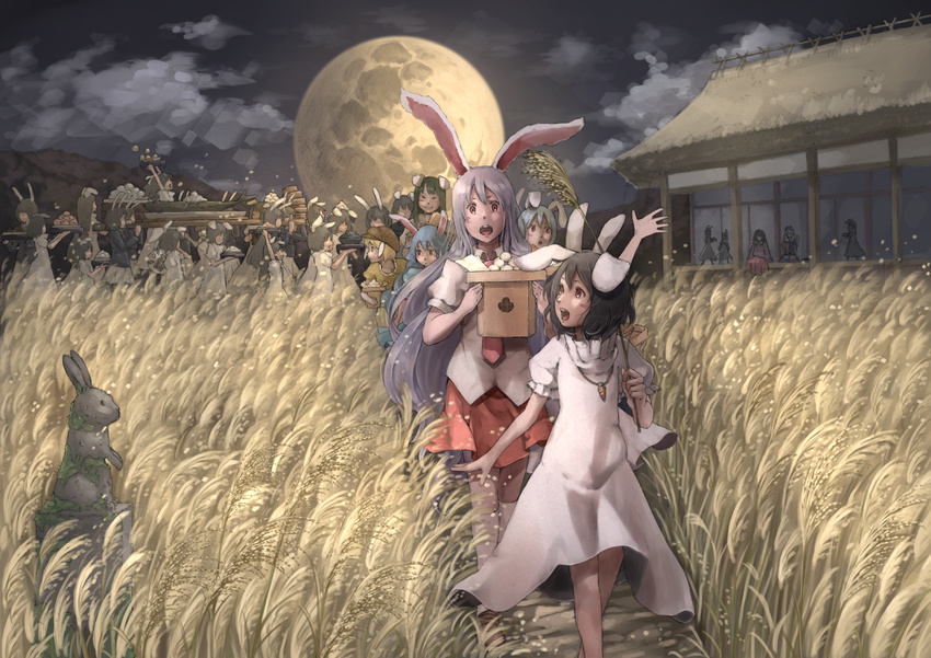 animal_ears architecture black_hair blonde_hair blue_hair bunny bunny_ears cabbie_hat carrying cloud commentary dark dress east_asian_architecture facial_mark festival field floppy_ears food full_moon happy hat houraisan_kaguya house inaba inaba_tewi jewelry long_hair looking_back moon multiple_girls nagi_(xx001122) necklace night night_sky open_mouth outdoors parade puffy_short_sleeves puffy_sleeves purple_hair red_eyes reisen_udongein_inaba ringo_(touhou) scenery seiran_(touhou) short_hair short_sleeves silhouette sitting sky statue thatched_roof touhou walking wheat wheat_field white_dress yagokoro_eirin