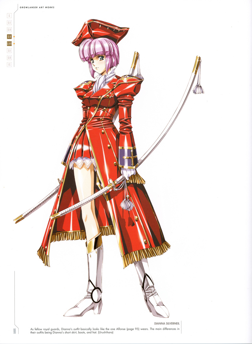 absurdres bangs blue_eyes boots breasts character_name detached_sleeves diana_silverneil eyebrows_visible_through_hair full_body gloves growlanser growlanser_iv hat highres holding holding_sword holding_weapon knee_boots long_sleeves looking_at_viewer medium_breasts official_art pink_hair pleated_skirt puffy_sleeves scan short_hair simple_background skirt solo standing sword urushihara_satoshi weapon white_background white_footwear white_gloves