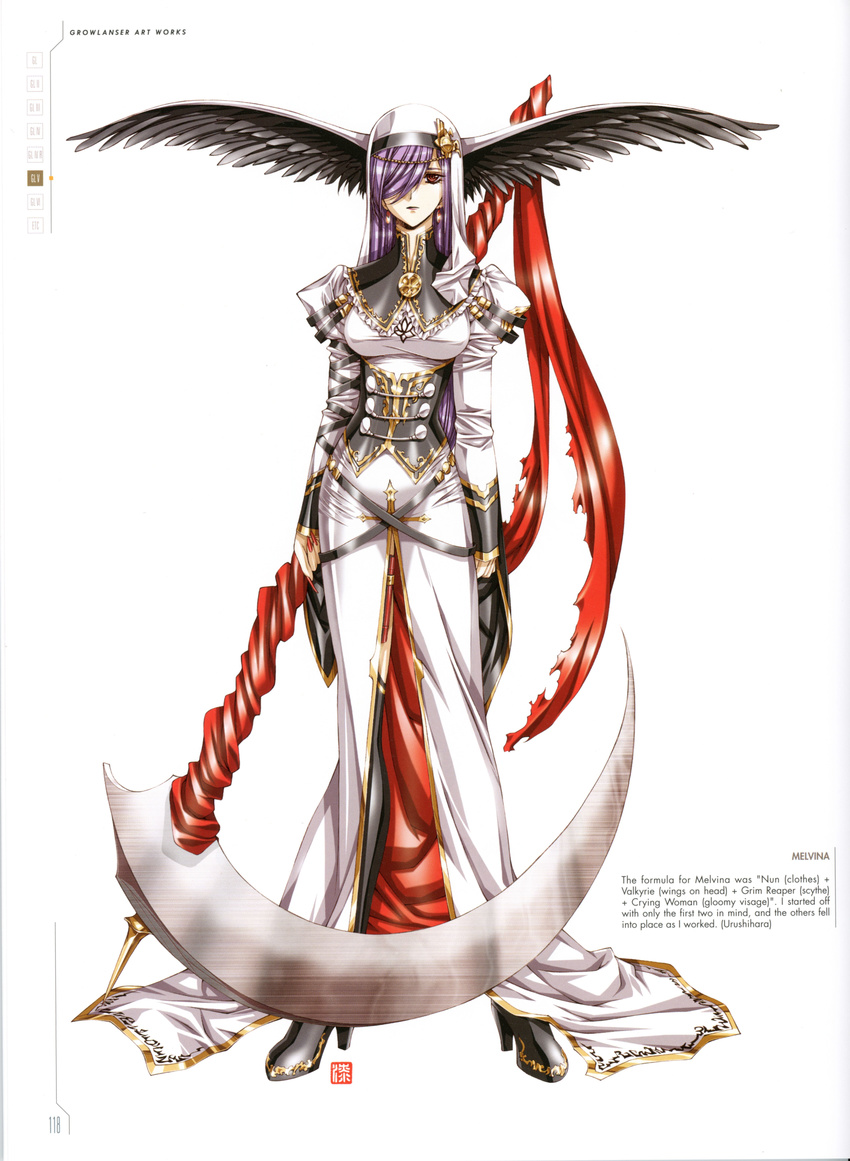 absurdres boots breasts brown_eyes corset dress expressionless full_body growlanser growlanser_v hair_over_one_eye head_wings highres holding holding_scythe holding_weapon juliet_sleeves long_hair long_sleeves looking_at_viewer medium_breasts melvina_(growlanser) nail_polish official_art puffy_sleeves purple_hair red_nails scan scythe simple_background solo standing urushihara_satoshi veil weapon white_background