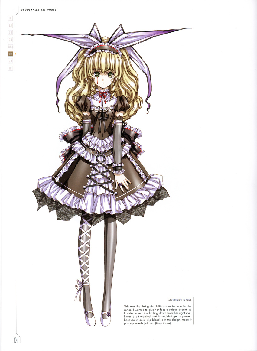 absurdres bangs black_dress blonde_hair blood bloody_tears bow breasts dress elbow_gloves eyebrows_visible_through_hair frills gloves gothic_lolita green_eyes growlanser growlanser_v hair_bow hair_ornament highres jewelry juliet_sleeves lolita_fashion long_sleeves looking_at_viewer mary_janes official_art pantyhose puffy_sleeves ring scan shoes short_sleeves small_breasts solo tears urushihara_satoshi wrist_cuffs