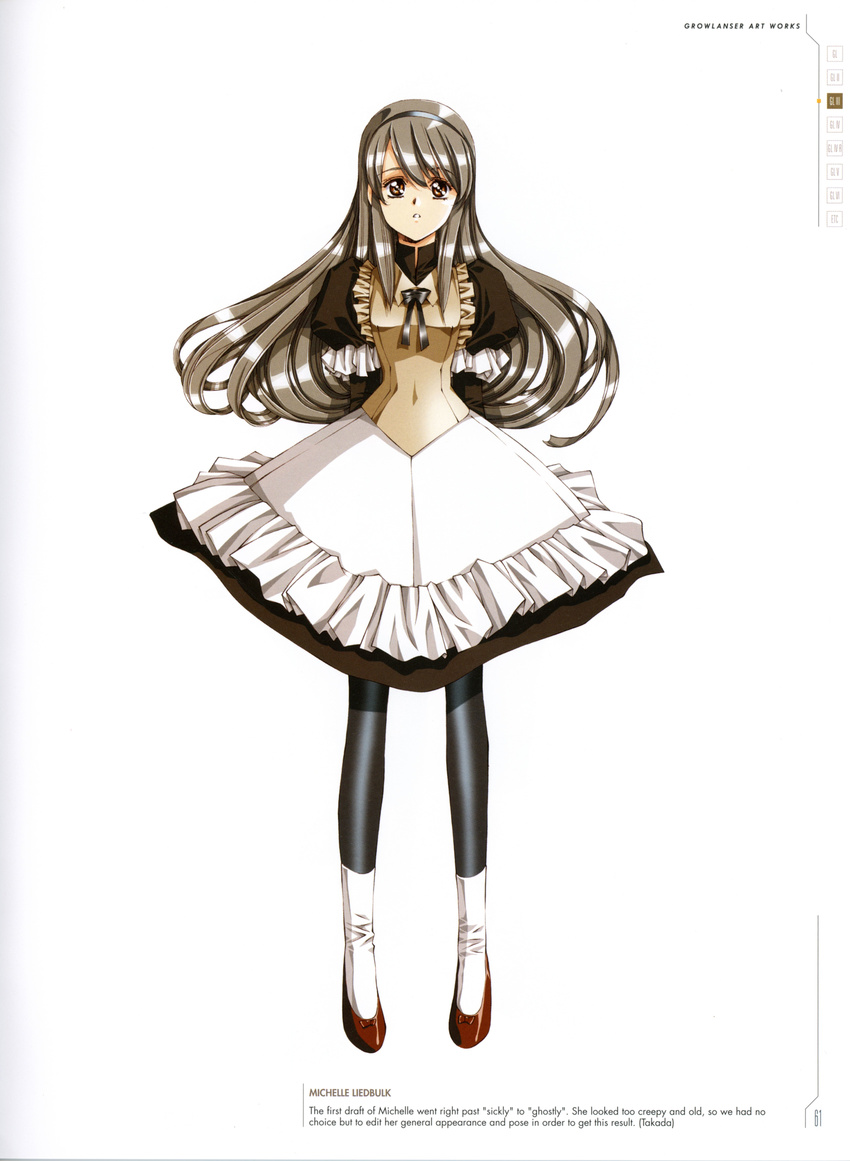 absurdres bangs bow bowtie breasts brown_eyes brown_hair character_name dress eyebrows_visible_through_hair frills full_body growlanser growlanser_iii hairband high_heels highres juliet_sleeves long_hair long_sleeves medium_breasts michelle_liedbulk official_art pantyhose parted_lips puffy_sleeves scan standing urushihara_satoshi