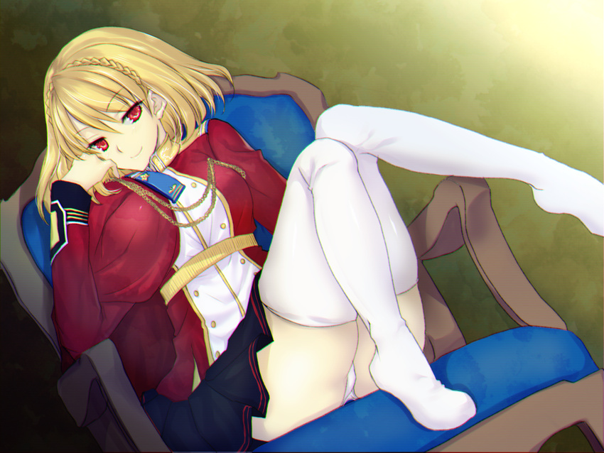 azur_lane black_skirt blonde_hair braid breasts cape chain chair chin_rest closed_mouth commentary crown_braid dutch_angle epaulettes eyebrows_visible_through_hair feet_on_chair large_breasts looking_at_viewer military military_uniform no_shoes panties pantyshot pleated_skirt prince_of_wales_(azur_lane) red_eyes short_hair sitting skirt smile solo tajima_yoshikazu thighhighs underwear uniform white_legwear white_panties