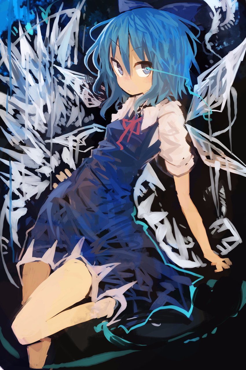absurdres blue_dress blue_eyes blue_hair bow cirno cowboy_shot dress glowing glowing_eye hair_bow hand_on_hip highres ice ice_wings kaamin_(mariarose753) leg_up looking_at_viewer serious short_hair short_sleeves solo touhou wings