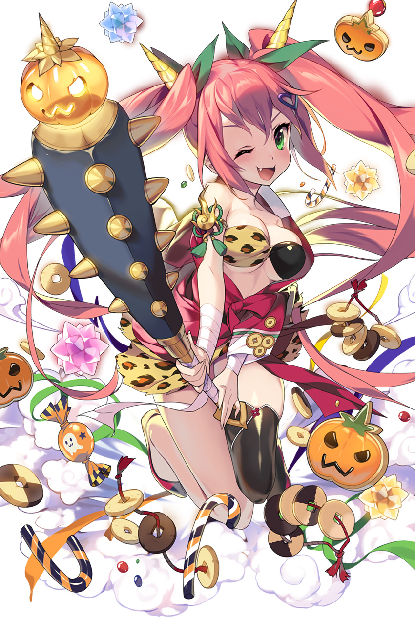 1girl ;d animal_print black_legwear breasts candy candy_cane cleavage club cookie fang food highres holding holding_weapon leopard_print long_hair looking_at_viewer medium_breasts official_art one_eye_closed open_mouth pink_hair smile soccer_spirits solo spiked_club standing thighhighs transparent_background twintails very_long_hair victoria_(soccer_spirits) weapon wrapped_candy
