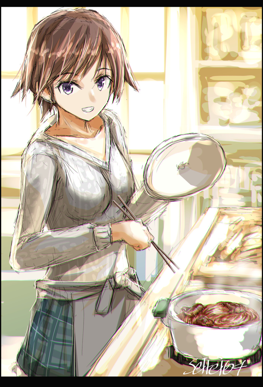 alternate_costume apron breasts brown_hair chopsticks chromatic_aberration commentary_request cooking food green_skirt hiei_(kantai_collection) highres indoors kantai_collection kitchen long_sleeves looking_at_viewer medium_breasts seitei_(04seitei) short_hair skirt solo steam