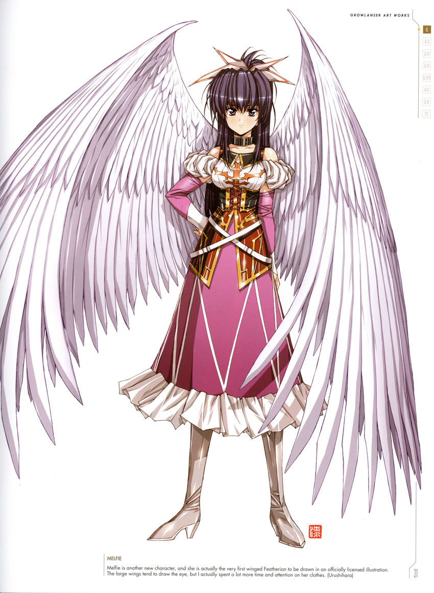 absurdres bangs bare_shoulders black_hair boots bow breasts character_name collar collarbone dress feathered_wings full_body growlanser growlanser_i hair_bow hand_on_hip highres knee_boots long_dress long_hair long_sleeves looking_at_viewer medium_breasts melphie official_art ponytail puffy_sleeves purple_eyes scan simple_background solo standing urushihara_satoshi white_background wings
