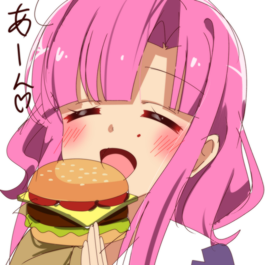 1girl blush cheese eating eyes_closed food gakkou_gurashi! hamburger highres holding holding_food lettuce long_hair long_sleeves open_mouth pink_hair sakura_megumi sinakyo tomato