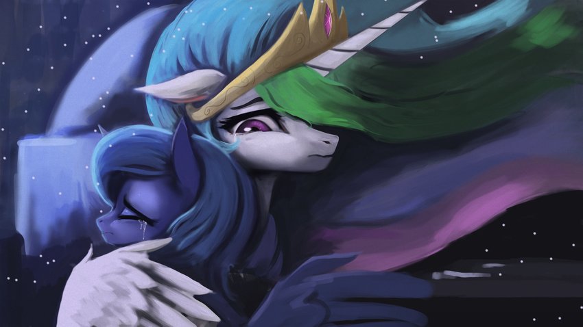 2017 blue_hair crown crying duo equine eyes_closed feathered_wings feathers female feral friendship_is_magic hair hi_res horn hug mammal multicolored_hair my_little_pony paperdrop princess_celestia_(mlp) princess_luna_(mlp) tears winged_unicorn wings