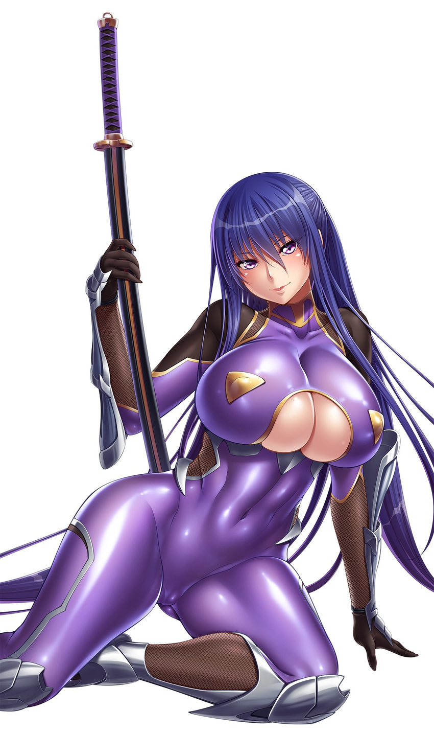 akiyama_rinko aoi_nagisa_(metalder) arm_guards arm_support armor ass_visible_through_thighs bangs blue_hair blush bodysuit breasts cameltoe center_opening cleavage_cutout commentary_request covered_collarbone covered_navel covered_nipples eyebrows_visible_through_hair fishnets full_body gloves greaves groin_tendon hair_between_eyes hand_up head_tilt high_ponytail highres hips holding holding_sword holding_weapon huge_breasts impossible_bodysuit impossible_clothes invisible_chair katana leaning_to_the_side long_hair long_ponytail looking_at_viewer ninja official_art parted_lips ponytail purple_bodysuit purple_eyes sheath sheathed shiny shiny_clothes shiny_hair sidelocks simple_background sitting skin_tight smile solo spread_legs straight_hair sword taimanin_(series) taimanin_asagi_kessen_arena thighhighs thighs turtleneck very_long_hair weapon white_background yokozuwari